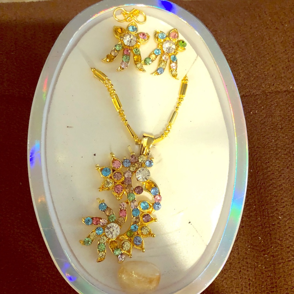 GOLD MULTI COLORED STONES NECKLACE & EARRINGS SET